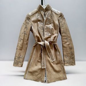 Elie Tahari Leather Coat embroidery details Sz 6